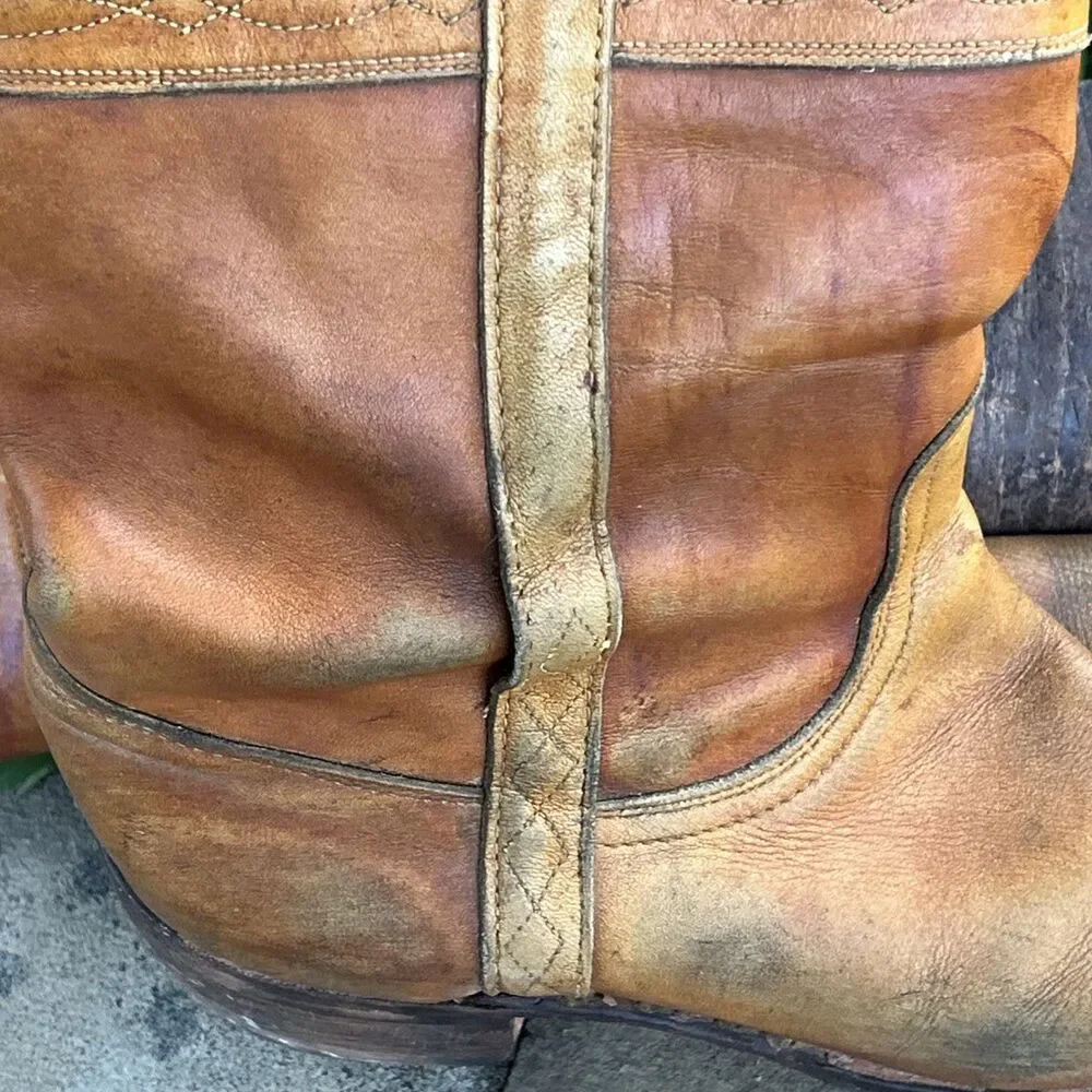 VTG 70s Frye Campus Longhorn 9.5D Black Label Saddle Brown Western Boots As Is
